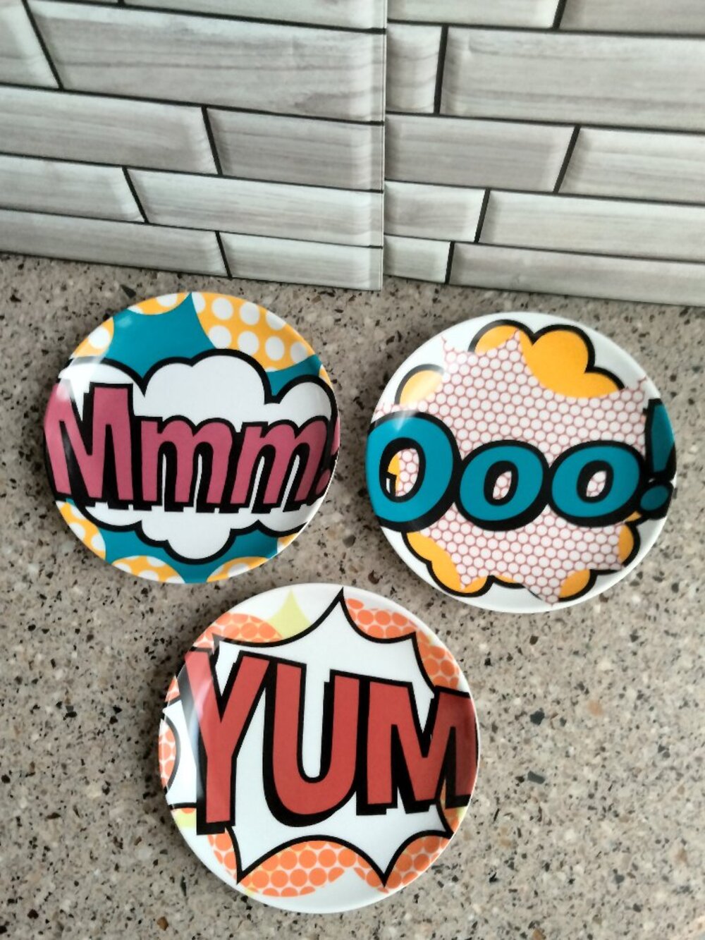 TRIO: New Pop Art Comic Book Appetizer Plates: Mmm! Ooo! Yum